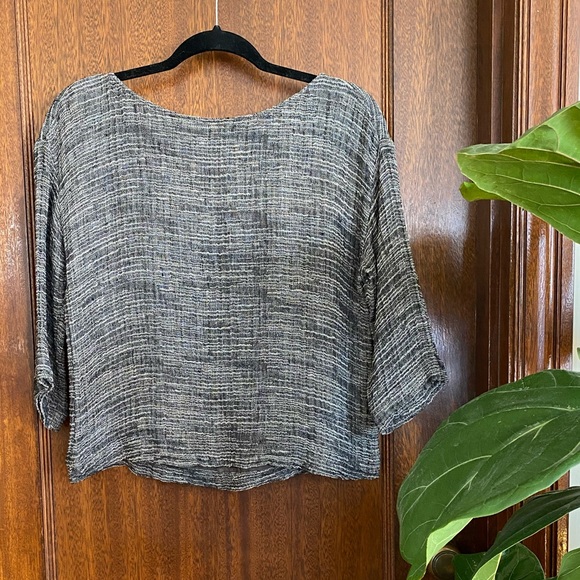Eileen Fisher Three Quarter Sleeve Gauze Weave Boxy Top - Black/White - Small - Picture 4 of 9